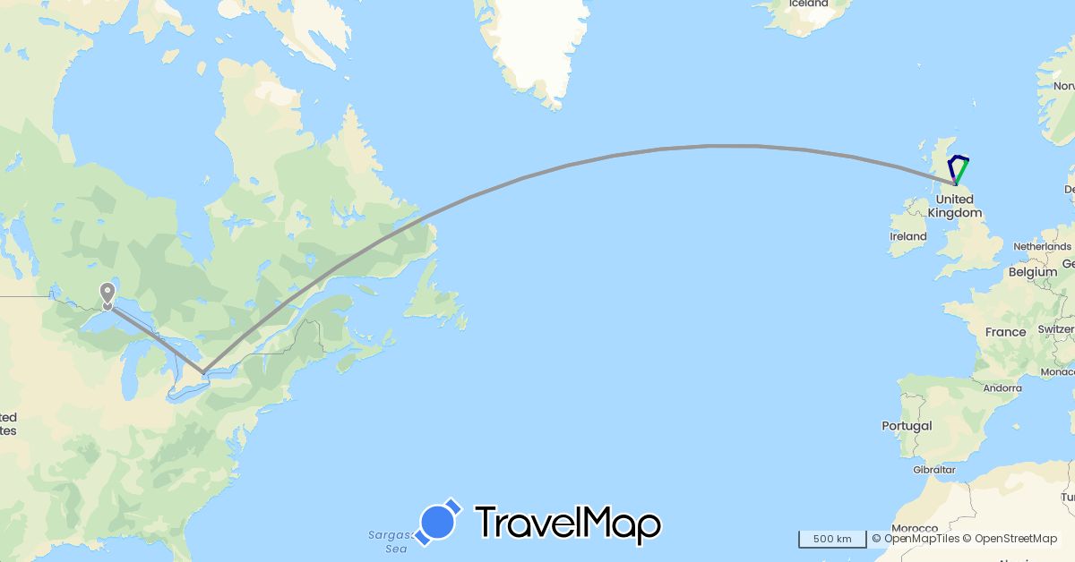 TravelMap itinerary: driving, bus, plane, train, hiking in Canada, United Kingdom (Europe, North America)